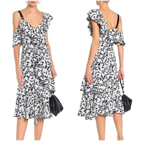 Proenza Schouler Black White Floral Ruffle Midi Dress $890